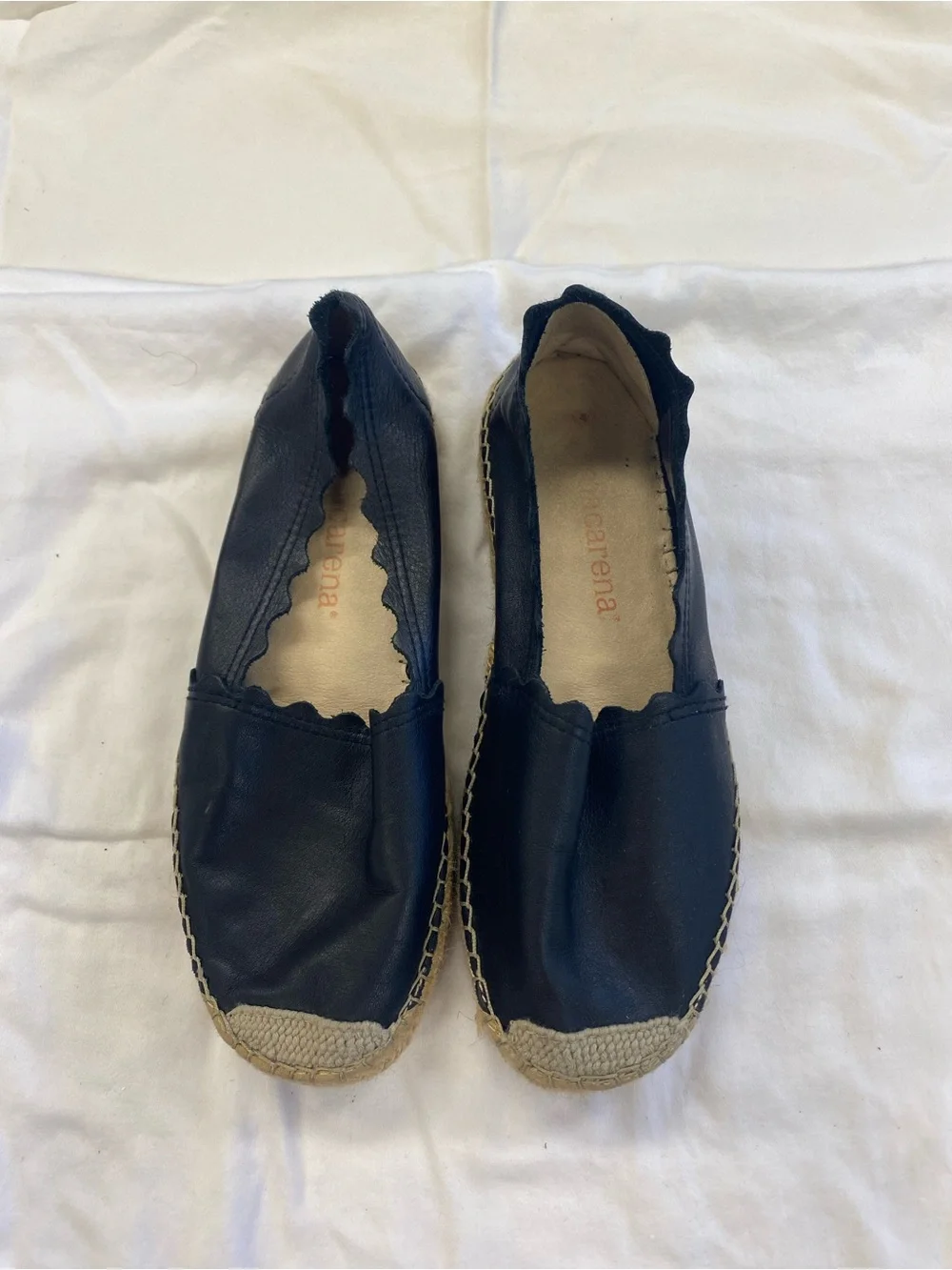 Scalloped Black Leather Espadrille
